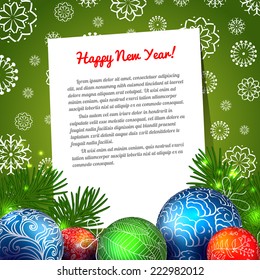 Christmas  green card with balls. Vector background. Template. Place for text. 