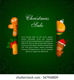 Christmas green card with paper web over a gingerbread, bell, sphere and reindeer