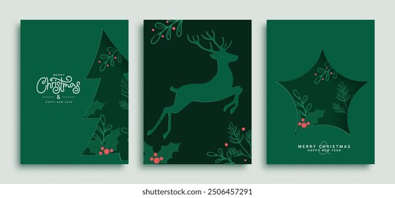 Christmas green card vector poster set. Merry christmas and happy new year greeting text with pine tree, deer and star shape decoration elements in green elegant template. Vector illustration holiday 