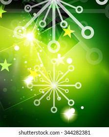 Christmas green color abstract background with white transparent snowflakes. Holiday winter template, New Year layout