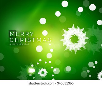 Christmas green color abstract background with white transparent snowflakes. Holiday winter template, New Year layout