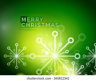 Christmas green color abstract background with white transparent snowflakes. Holiday winter template, New Year layout