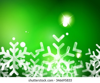 Christmas green color abstract background with white transparent snowflakes. Holiday winter template, New Year layout