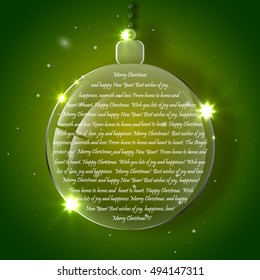 Christmas green color background with glass balls and wishes