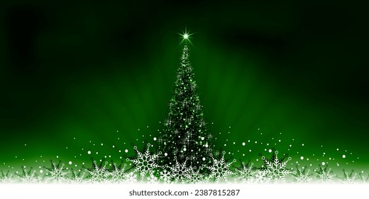 Christmas green composition with a beautiful Christmas tree, shining balls, New Years card.