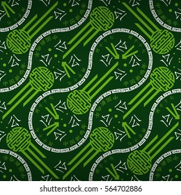 Christmas green decorative seamless pattern in chinese fireworks style. Knotty tessellated repeatable backdrop. Hieroglyph translation: Chinese New Year of the Rooster 2017