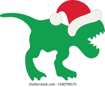 Christmas green dinosaur in a New Year's red hat.