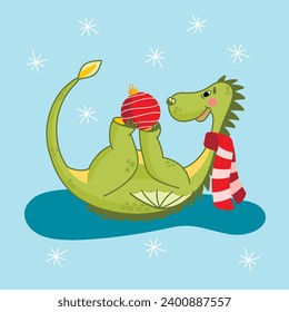 Christmas green dragon with a Christmas tree toy and a red scarf, a symbol of the new year, a happy dragon, snowflakes. Vector illustration for posters, New Year's card template.