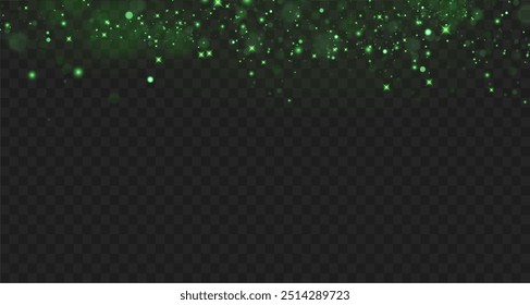 Christmas green dust glowing bokeh confetti light and glitter texture overlay for your design. Festive sparkling Green dust png. Holiday powder dust for cards, invitations, banners.