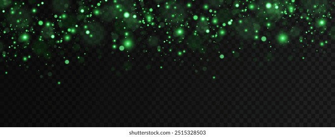 Christmas green dust glowing bokeh confetti light and glitter texture overlay for your design. Festive sparkling Green dust png. Holiday powder dust for cards, invitations, banners.