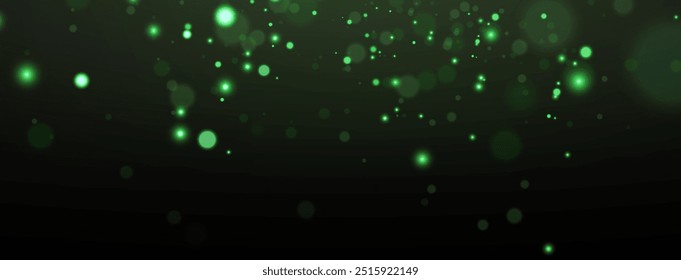 Christmas green dust glowing bokeh confetti light and glitter texture overlay for your design. Festive sparkling Green dust png. Holiday powder dust for cards, invitations, banners.