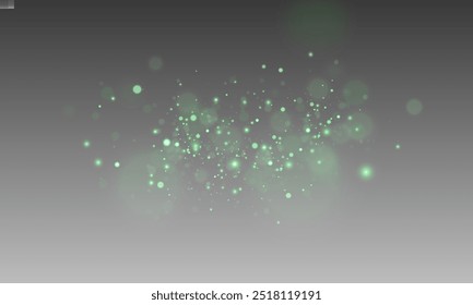 Christmas green dust glowing bokeh confetti light and glitter texture overlay for your design. Festive sparkling Green dust png. Holiday powder dust for cards, invitations, banners.