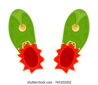 Christmas green elf shoes with golden bells isolated on white background. Holiday costume for Christmas and New Years party, illustration.