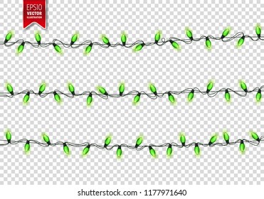 Christmas Green Festive Lights. Decorative Glowing Garland Isolated on Background. Shiny Colorful Decoration for Christmas and New Year Holidays.