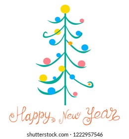 Christmas green flat Christmas tree decorated with balls for the new year holiday garland with lights traditional decor. Vector illustration. 