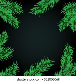 Christmas green framework. New Year fir frame with space for text vector illustration. Christmas background fir tree branches isolated on dark background on a frame. New Year greeting card template