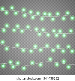 Christmas green garlands isolation on transparent background. Xmas realistic overlay lights card. Holidays decorations bright lamps. New Year decorations elements. Vector gloving garland illustration