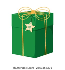 Christmas green gift box with golden dotted ribbon and star tag 