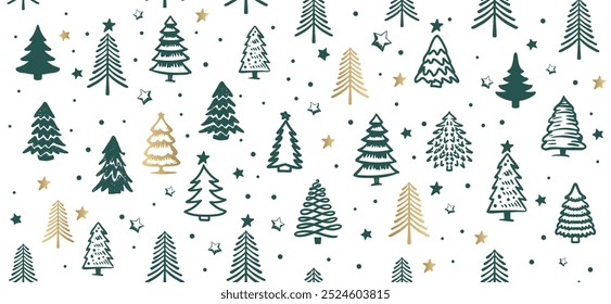Navidades verde y patrón de árbol de oro sobre fondo blanco, ilustraciones dibujadas a mano.