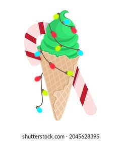 Christmas Green Ice Cream With Gerland And Candy Cane