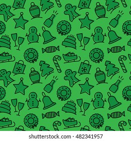 Christmas green icon set seamless pattern. Xmas and winter holidays elements background. Flat design vector texture.