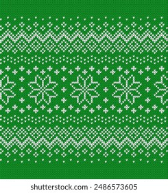 Christmas green knitted texture with snowflakes. Holiday background ornament border. Festive sweater. Knit seamless pattern. Fair isle traditional ornament. Xmas print. Vector illustration.