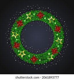 Christmas green leaf with flowers golden stars and snows lights