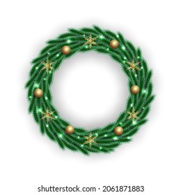 Christmas green leaf with golden balls and snowflakes lights wreath design
