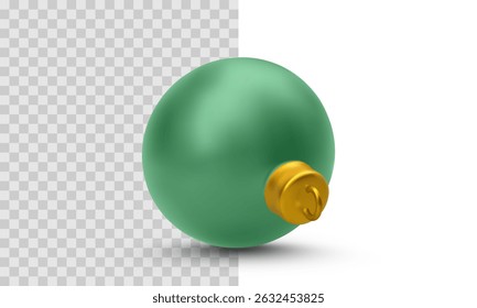 Christmas Green Ornament Ball with Golden Cap, Festive Decorative Element for New Year Tree or Holiday Design Projects. Minimalist Seasonal Style. Vector Illustration.