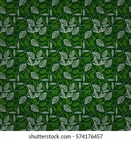 Christmas green ornamental seamless pattern in floral style. Entangled puzzle repeatable backdrop. Vector background.