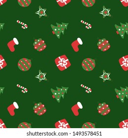 Christmas green pattern. Winter holiday wallpaper. Seamless texture for the New Year. Santa's hat, tree, bag, gift, stick, bell and balls
