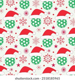 Christmas green Pickleball With Santa hat and red snowflakes seamless pattern. For Christmas wrapping paper, greeting card and fabric 