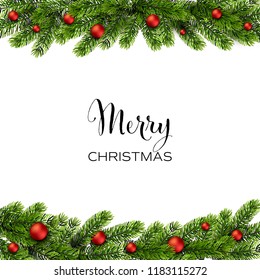 Christmas green Pine Branches and red baubles. Vector illustration