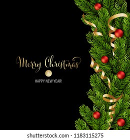 Christmas green Pine Branches and red baubles. Vector illustration