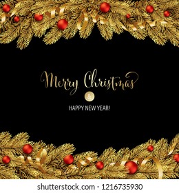 Christmas green Pine Branches and red baubles. Vector illustration