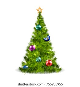 Christmas green pine tree with golden star, balls isolated on white background, vector illustration