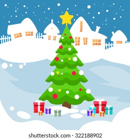 Christmas Green Pine Tree Snow House New Year Card Flat Vector Illustration