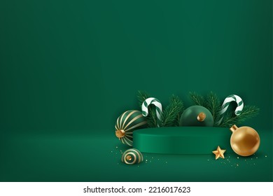 Christmas green podium with firs, candy canes, christmas balls, confetti and stars. Holiday background and festive decorations. Christmas and new year 3D scene, podium for product display