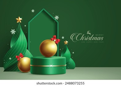 Christmas green podium vector design. Merry christmas greeting text in simple dais background with gold xmas balls and twisted pine tree elements for product display. Vector illustration template