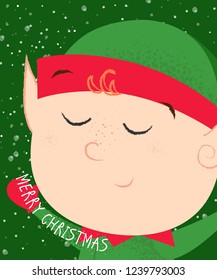 Christmas green postcard design. Lettering with Christmas elf on green background. Can be used for postcards, invitations, greeting cards
