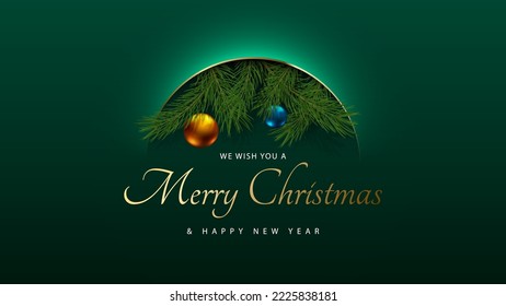 Christmas green premium abstract background with volume arc line, pine branches, Christmas balls. Luxury vector design holiday poster, greeting card, banner. Golden wish you a Merry Christmas text