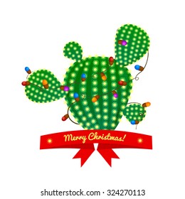 Christmas green prickly pear cactus tree with four spikes decorated with garland and red ribbon with congratulatory messages. bright juicy succulent, vector illustration in cartoon style