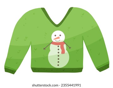 Christmas green pullover with snowman. Vector holiday illustration