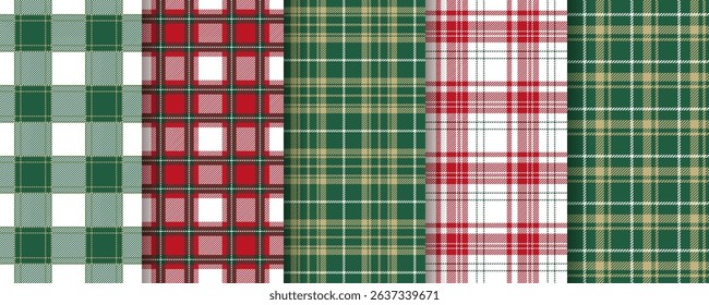 Christmas green red background. Plaid seamless pattern. Check gingham shirt cloth. Set tartan fabric prints. Flannel table cloth textures. Lumberjack checkered textile. Vector illustration
