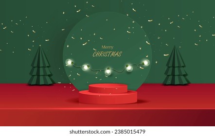 Christmas green and red background with podium, 3d geometric trees and realistic lamps. Holiday x-mas showroom scene for display present sale product vector.