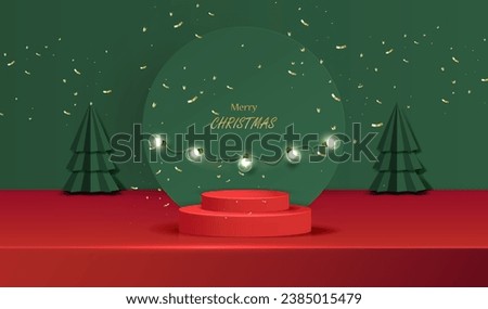 Christmas green and red background with podium, 3d geometric trees and realistic lamps. Holiday x-mas showroom scene for display present sale product vector.