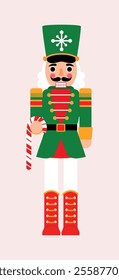 Christmas Green and Red Nutcracker with Candy Cane for Festive Illustration