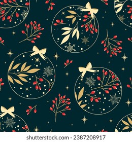 Christmas green seamless pattern with christmas balls. Red berries and  plants. Background for wrapping paper, fabric print, greeting cards.