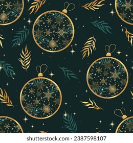 Christmas green seamless pattern with christmas balls. Golden snowflakes and plants. Background for wrapping paper, fabric print, greeting cards.