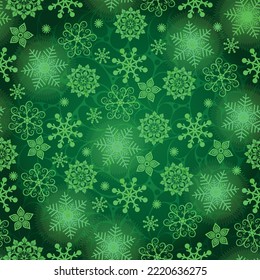 Patrón verdoso sin costuras con copos de nieve sobre el fondo de adorno floral. Vector eps 10